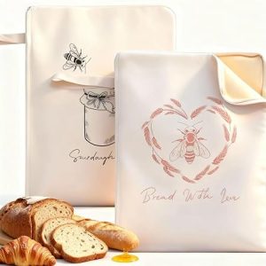 Beeswax Bread Bag, Reusable and Freezer Safe, Bee and Heart Print, 13x17 Inch, 2 Pack