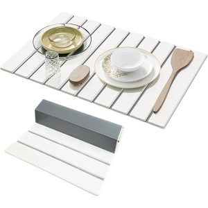 Large Dish Drying Mat for Kitchen Counter with Silicone Sink Mat & Cleaning Sandpaper, Super Absorbent Quick Dry Stone Dish Drying Mat, Non-Slip Countertop Protector Luxory Style