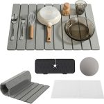 Large Dish Drying Mat for Kitchen Counter with Silicone Sink Mat & Cleaning Sandpaper, Super Absorbent Quick Dry Stone Dish Drying Mat, Non-Slip Countertop Protector