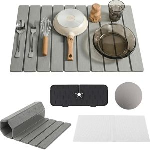 Large Dish Drying Mat for Kitchen Counter with Silicone Sink Mat & Cleaning Sandpaper, Super Absorbent Quick Dry Stone Dish Drying Mat, Non-Slip Countertop Protector